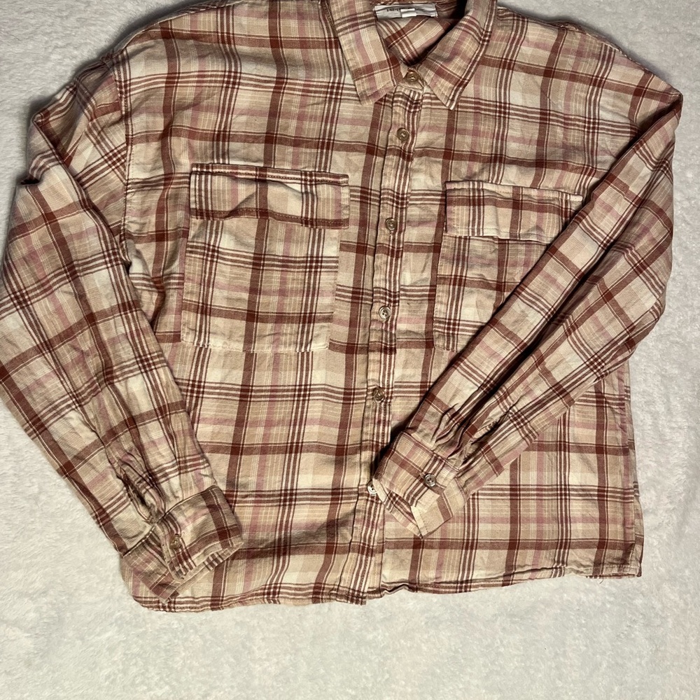Hippie Rose Beige and Burgundy Plaid Lightweight Shirt Jacket